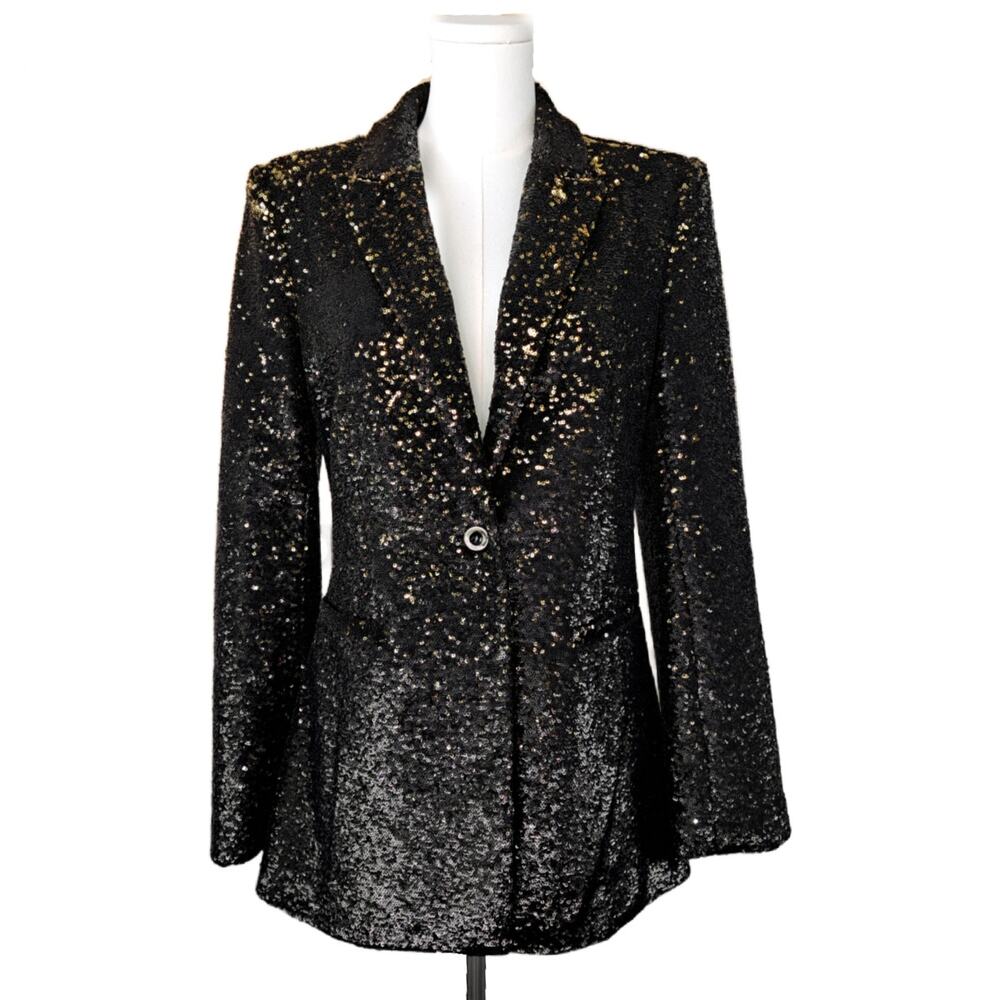 SOMETHING NAVY Black & Gold Sequin Blazer Jacket Small Glam Evening Sparkle